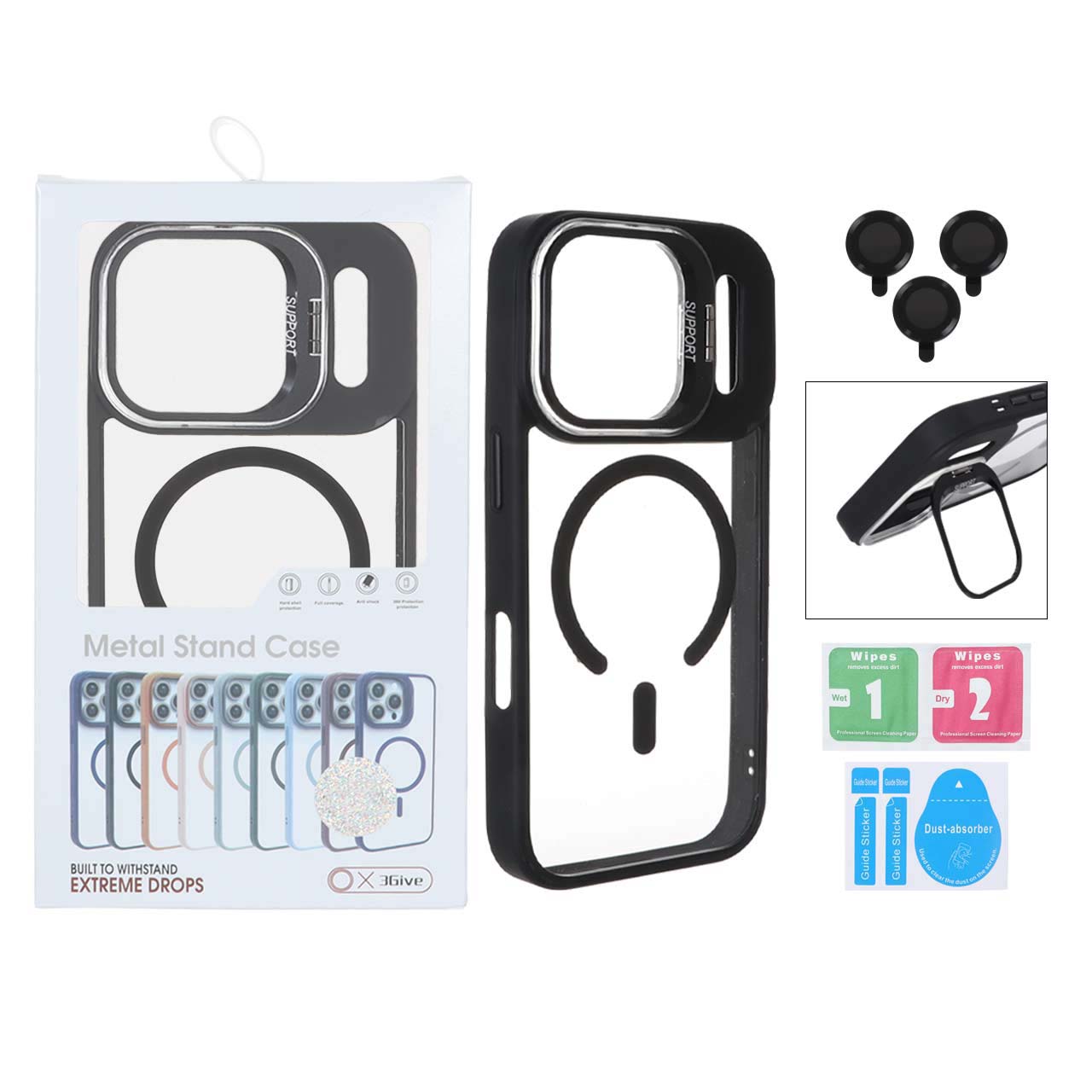 قاب Support لنز آلومینیومی Magsafe با ست محافظ لنز رینگی Apple iPhone 17 Pro - مشکی (پک دار)