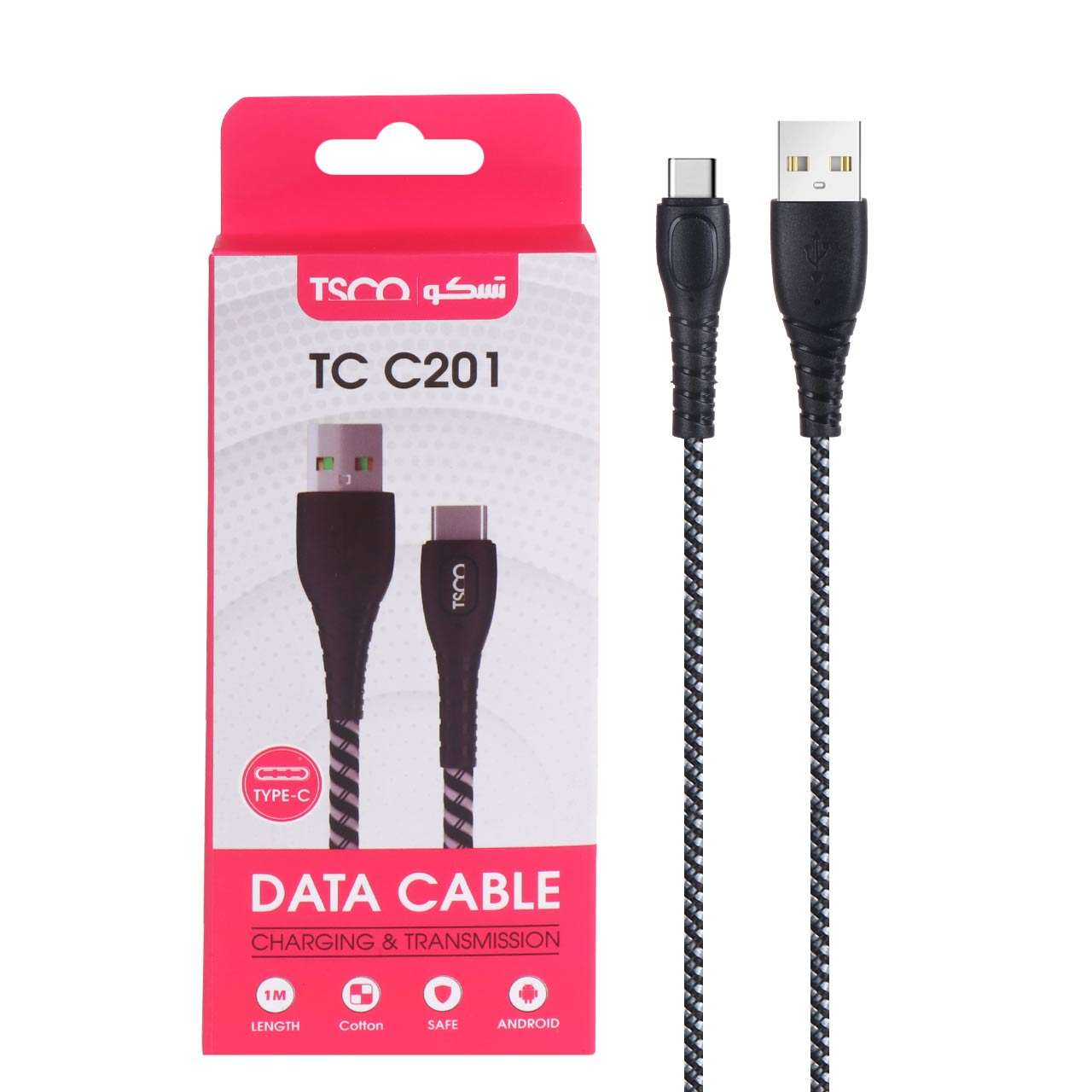 کابل شارژ و دیتا  فست کنفی TSCO Type-C مدل TCC 201 - مشکی سفید(گارانتی 12 ماهه TSCO)