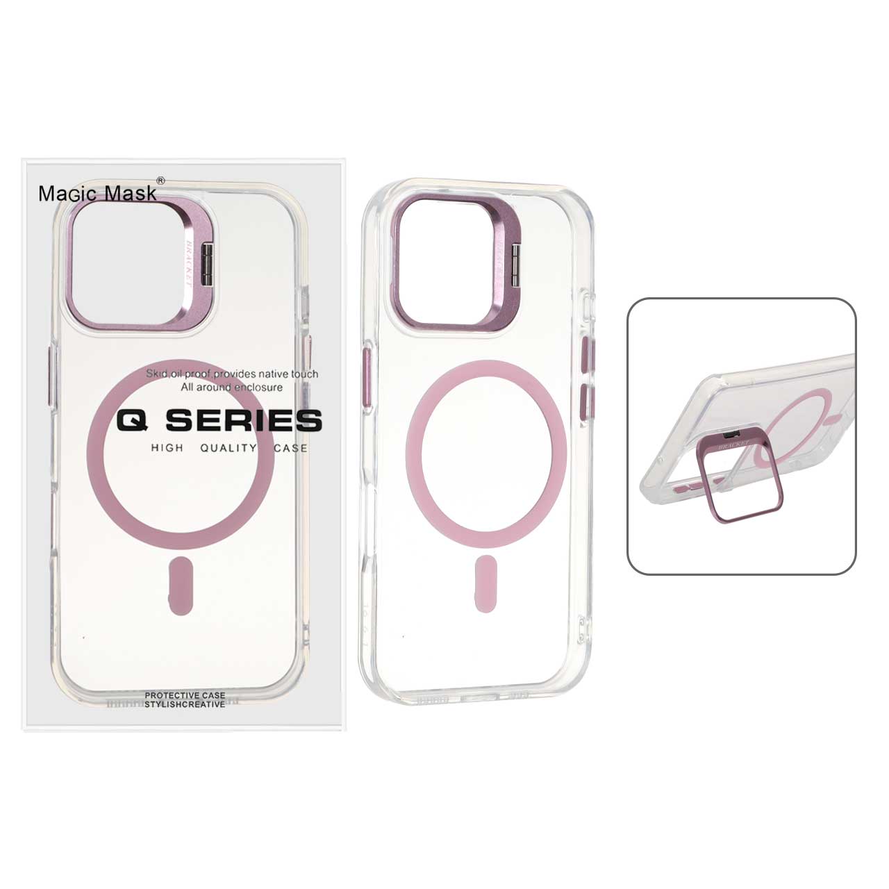 قاب اورجینال Q Series Bracket کریستالی Magsafe لنز استندشو Apple iPhone 16 - صورتی (پک دار)