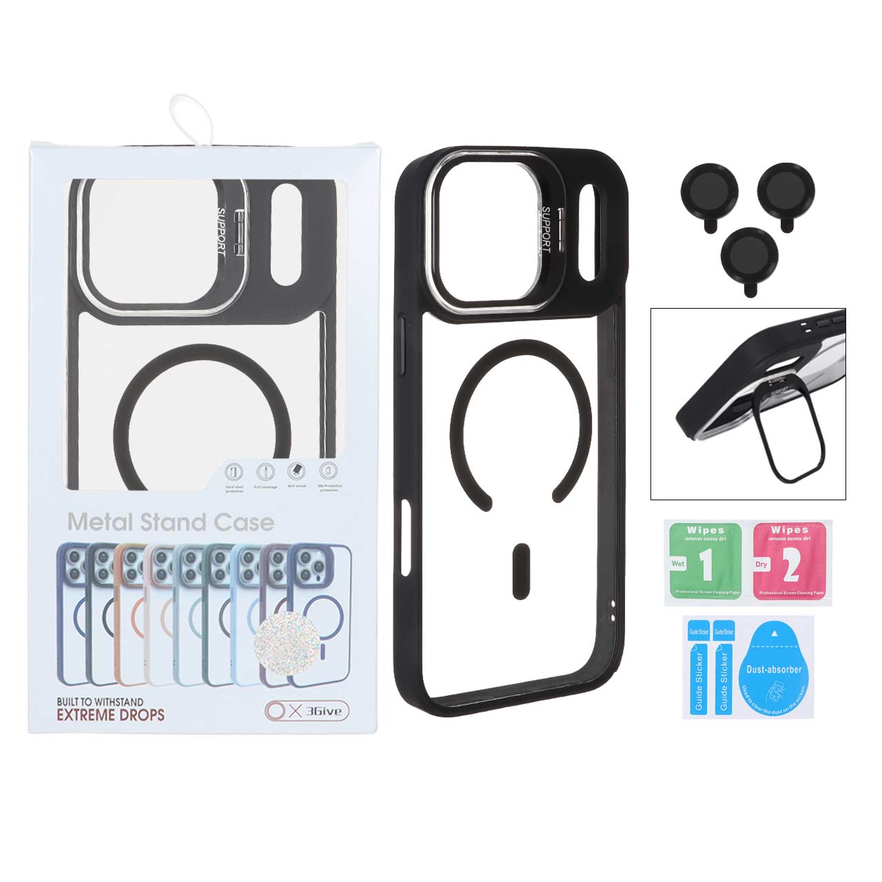 قاب Support لنز آلومینیومی Magsafe با ست محافظ لنز رینگی Apple iPhone 17 Pro Max - مشکی (پک دار)