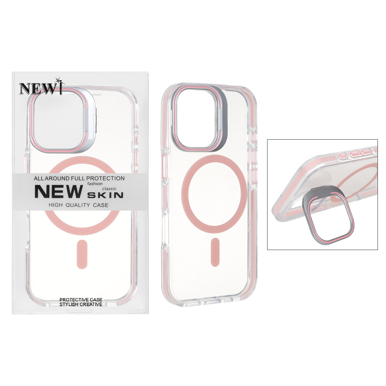 قاب اورجینال New Skin شفاف کریستالی MagSafe لنز استندشو Apple iPhone 17 - صورتی (پک دار)