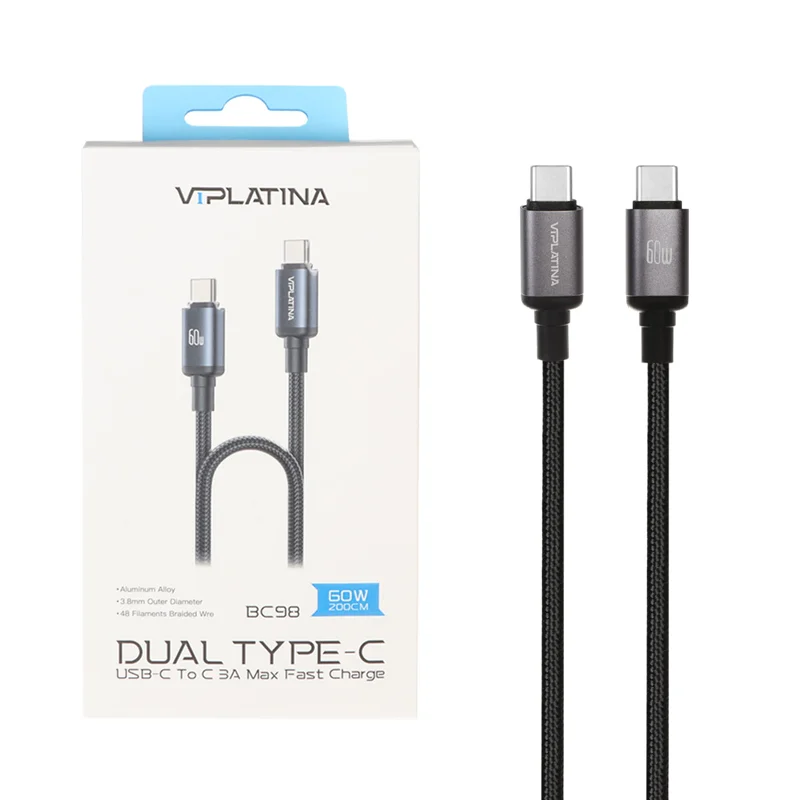 کابل شارژ فست 2 متری VIPLATINA Type-C To Type-C مدل BC98 60W - مشکی