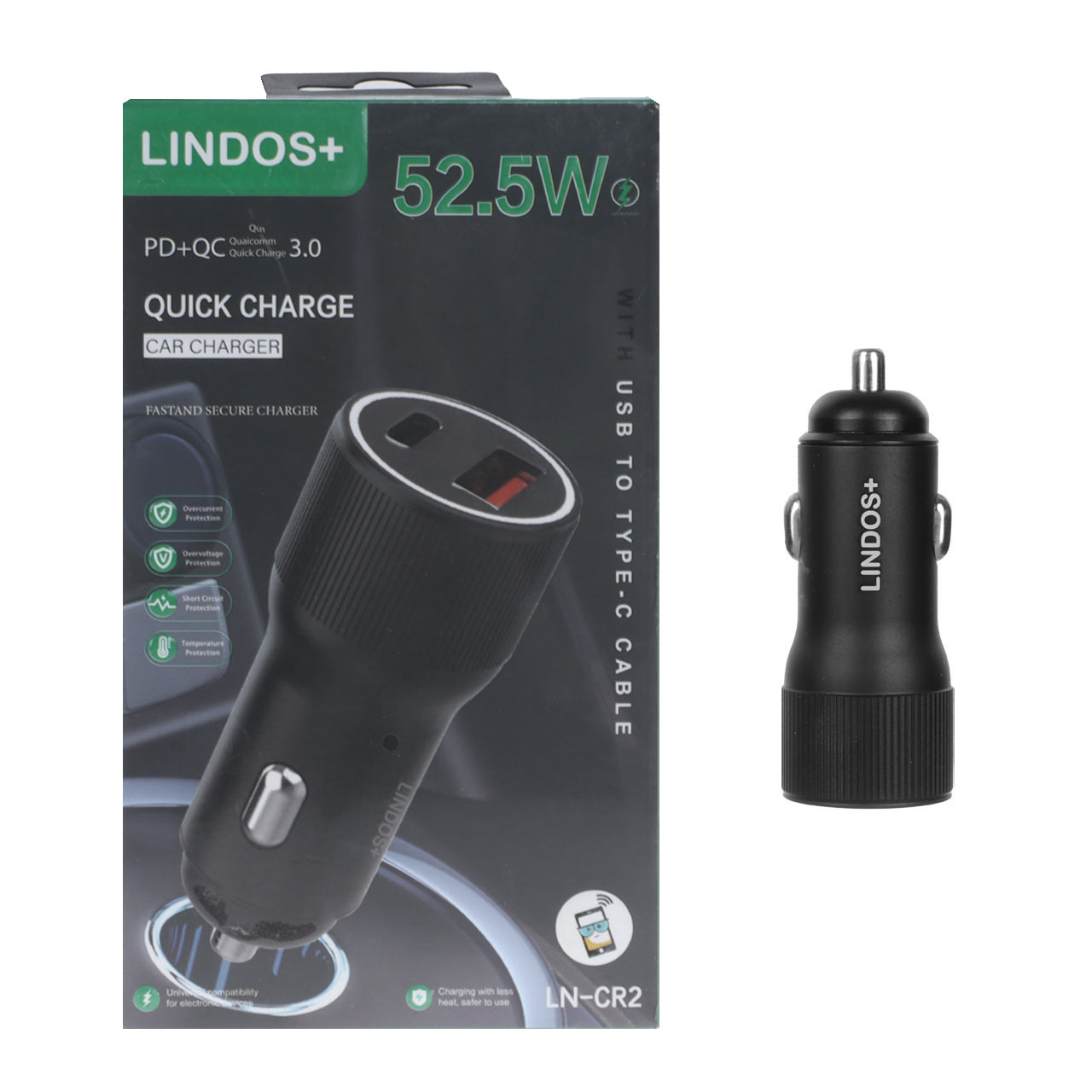 شارژر فندکی فست و PD دو پورت +Lindos مدل LN-CR2 - مشکی