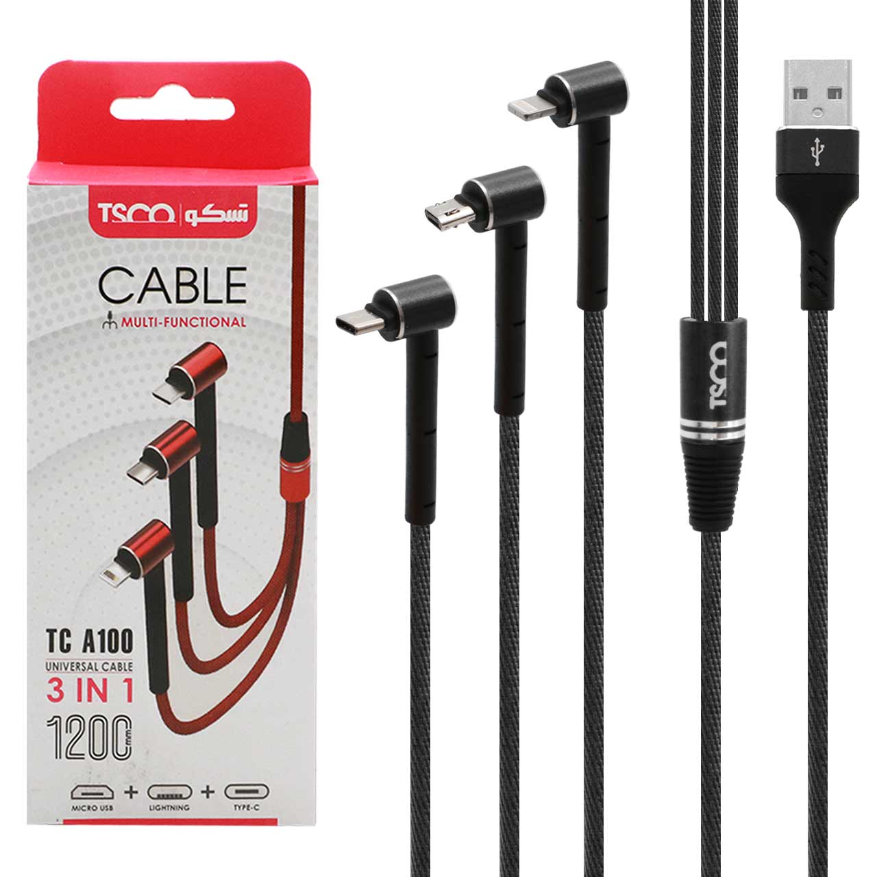 کابل شارژ و دیتا کنفی فست سه کاره TSCO مدل TCA 100 - مشکی