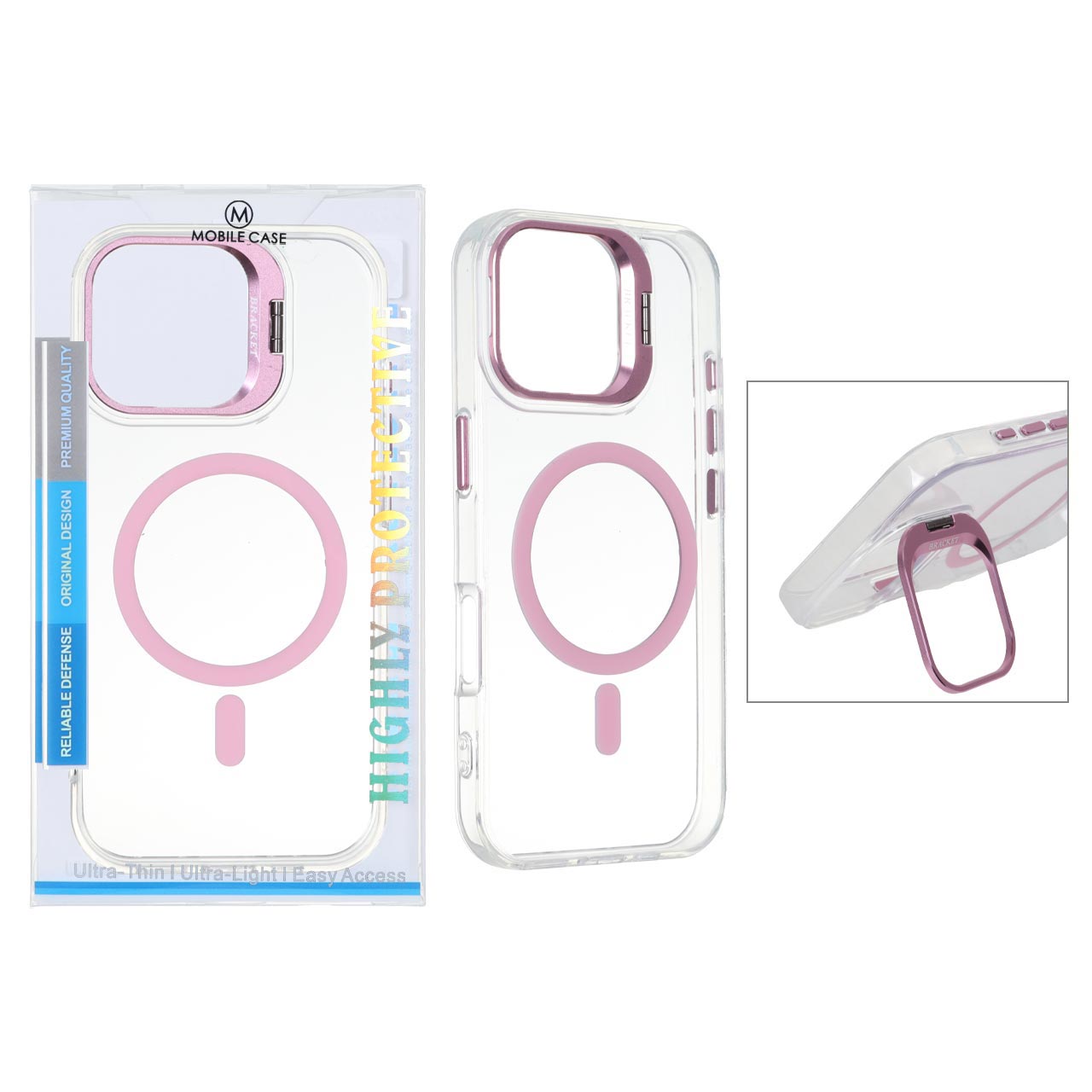 قاب اورجینال Bracket کریستالی MagSafe لنز استندشو Apple iPhone 16 Pro Max - صورتی (پک دار)