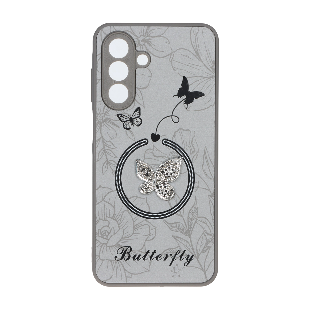 قاب Butterfly نگین دار آینه ای طرح مگ سیف Samsung Galaxy A17 / A26 - خاکستری