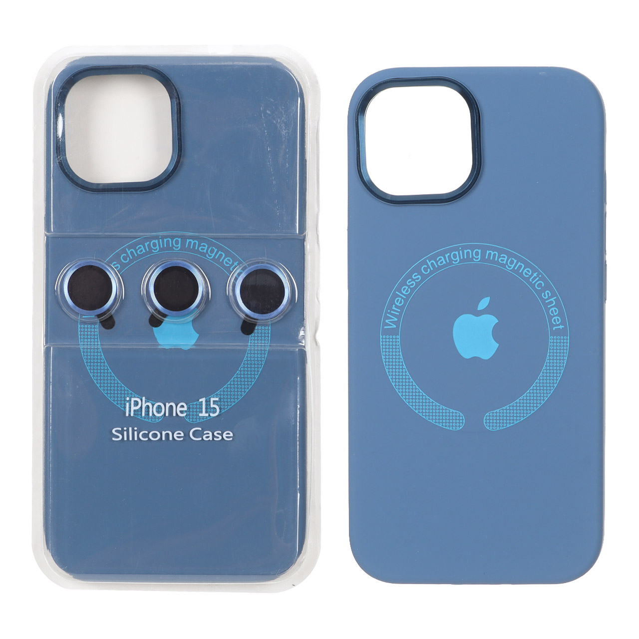 قاب سیلیکونی اورجینال Magsafe با ست محافظ لنز رینگی Apple iPhone 15 / iPhone 14 / iPhone 13 - آبی تیره (پک دار)
