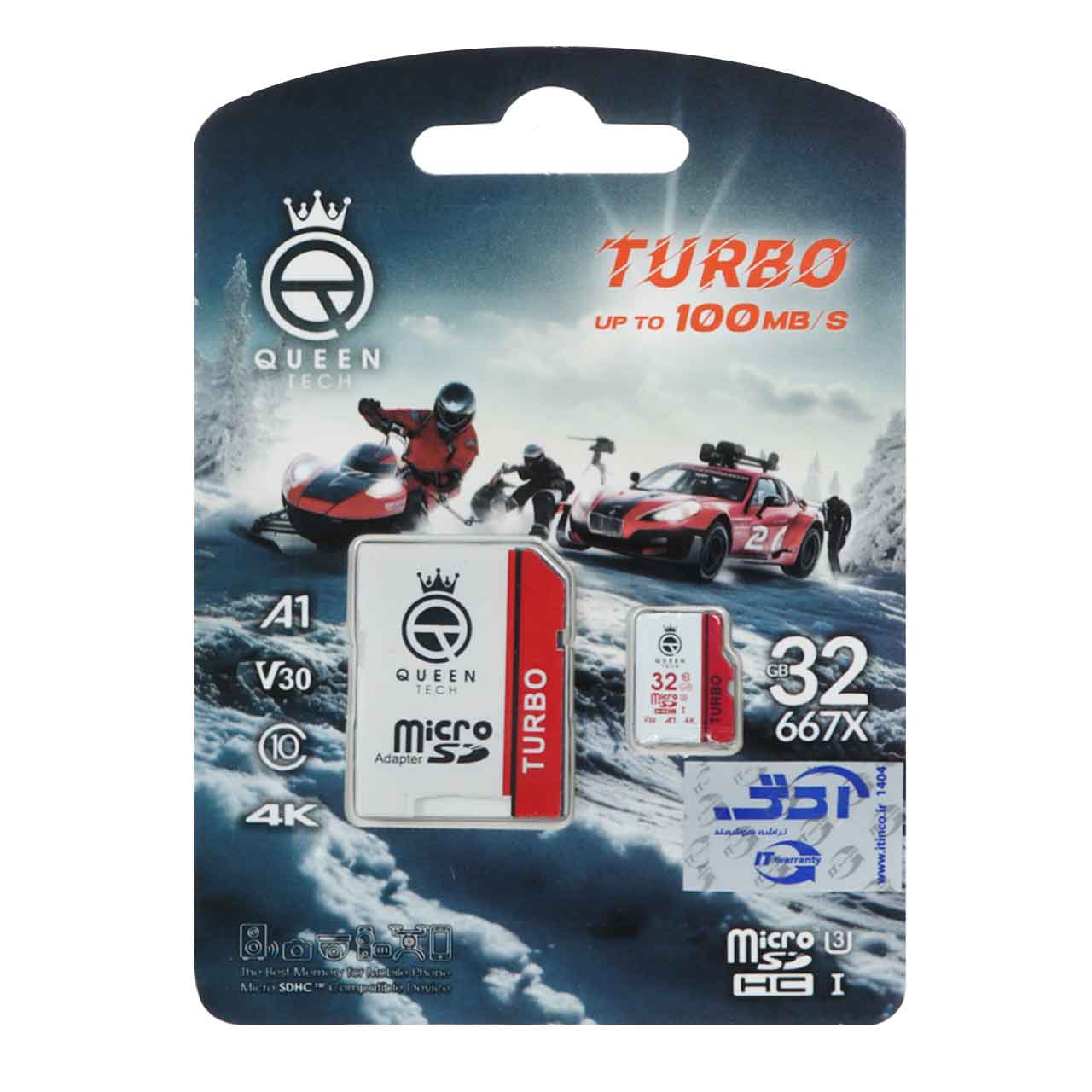 Queen tech Turbo microSDHC & adapter U3 Class 10 667X -100MB/s-32GB سفید قرمز