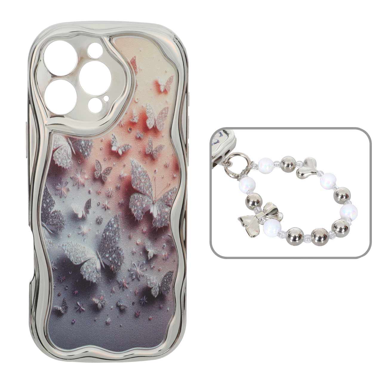 قاب کنگره ای آینه ای طرح دار با آویز مچی مرواریدی Apple iPhone 16 Pro Max - کد 143