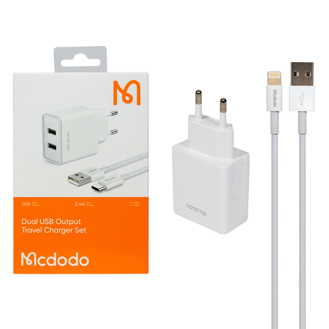شارژر دیواری فست دو پورت Mcdodo مدل CH-3970 12W به همراه کابل شارژ آیفون - سفید (گارانتی متین)