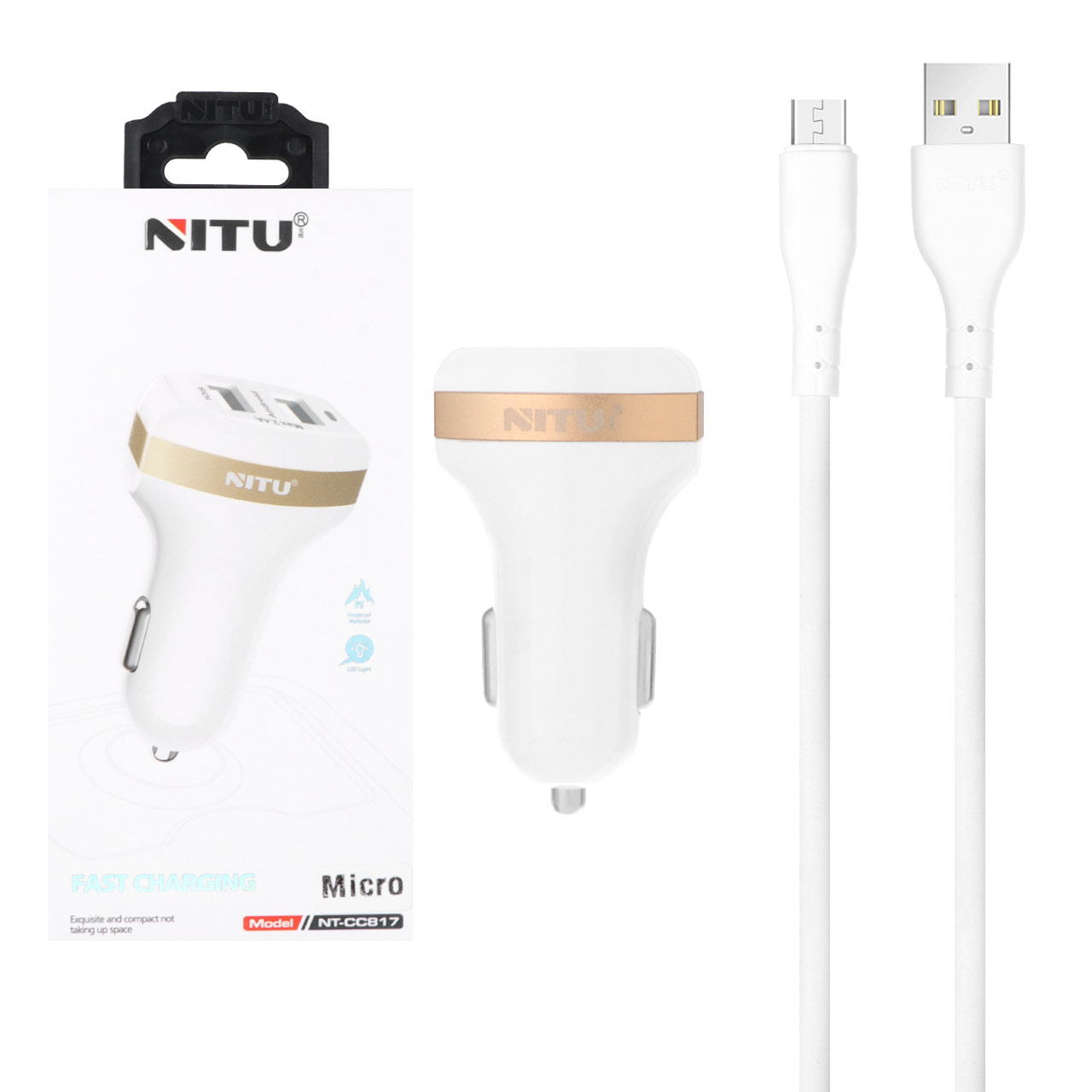 شارژر فندکی فست دو پورت Nitu مدل CC817 12W به همراه کابل شارژ اندروید - سفید (گارانتی 18 ماه تعویض نیکان همراه)