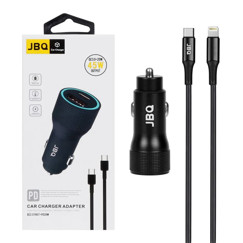 شارژر فندکی فست و PD دو پورت JBQ مدل CC-P8 45W همراه با کابل Type-C to Lightning - مشکی (گارانتی یکساله رصاصی)