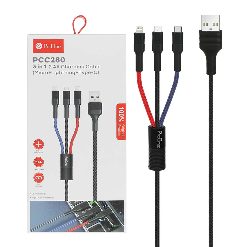 کابل شارژ تبدیل USB به Type-C / MicroUSB / لایتنینگ ProOne مدل PCC280-مشکی