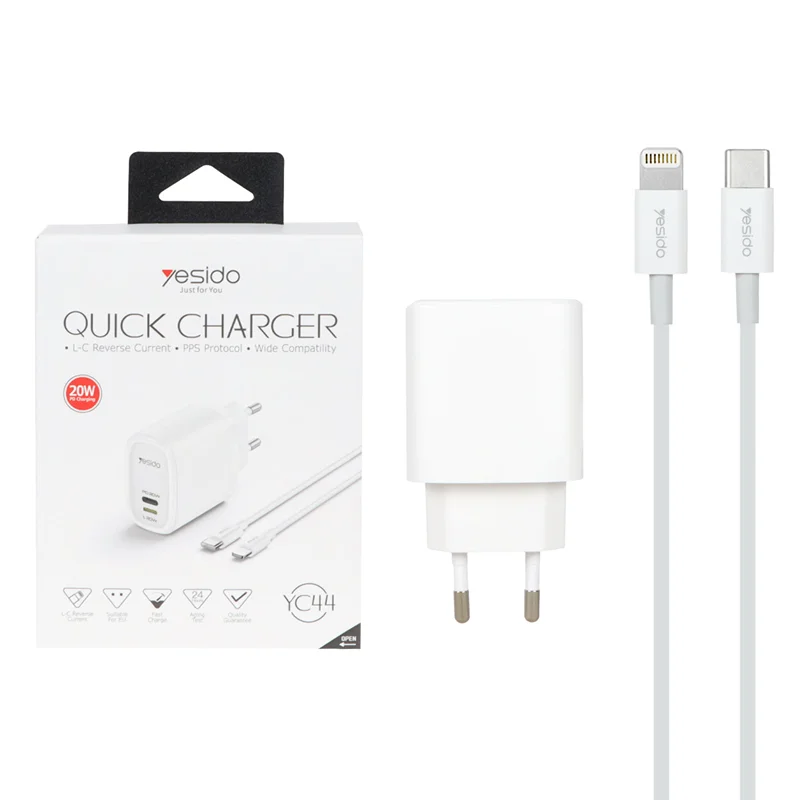 شارژر دیواری فست و PD دو پورت Yesido مدل YC44 20W به همراه کابل شارژ Type-C To Lightning - سفید