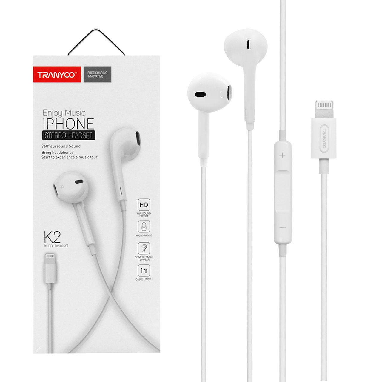 هدست باسیم آیفون TRANYOO مدل K2-سفید