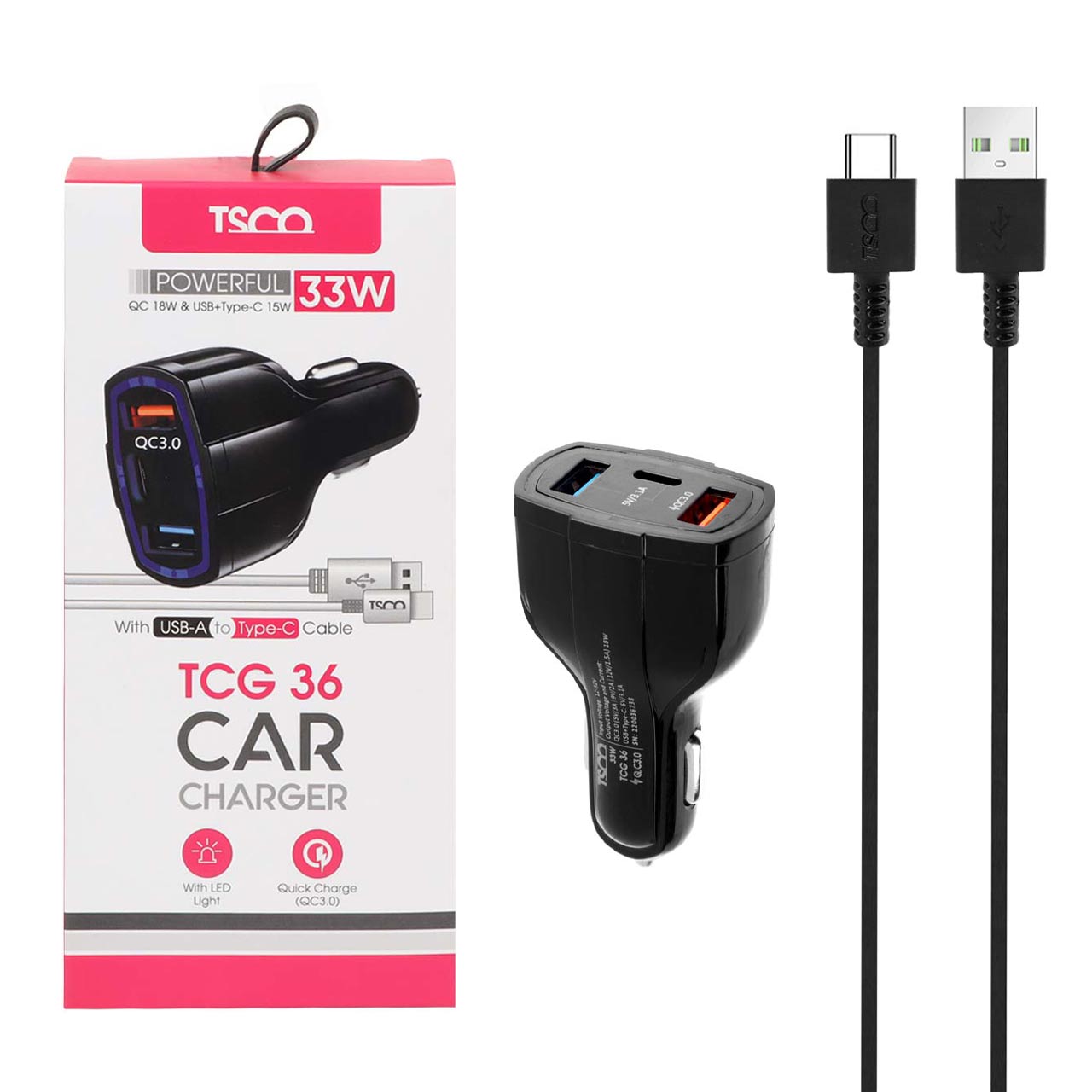 شارژر فندکی 33 وات فست سه پورت TSCO مدل TCG 36 به همراه کابل شارژ Type-C - مشکی
