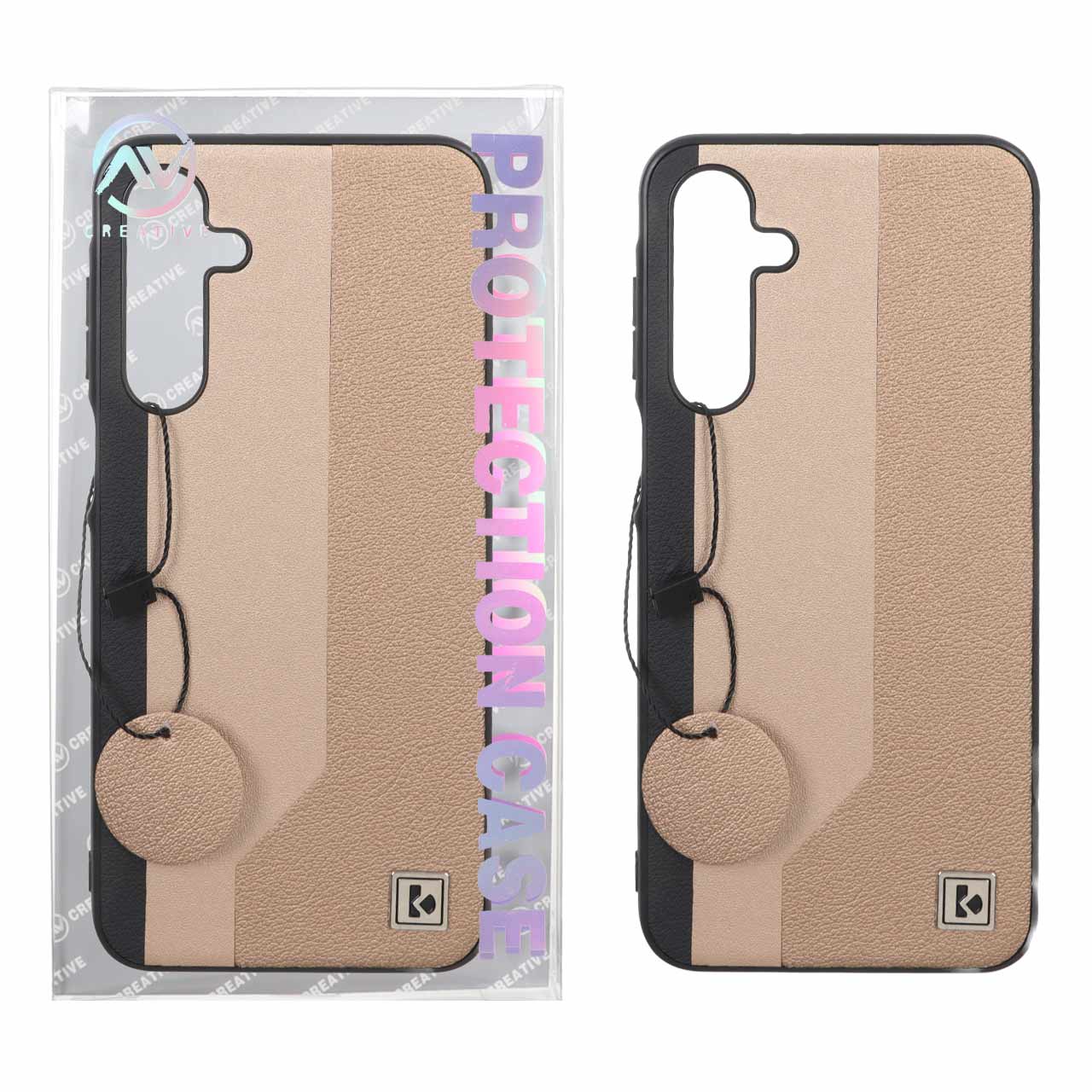 قاب Protection Case طرح چرم لوگو فلزی Samsung Galaxy A16 - طلایی (پک دار)