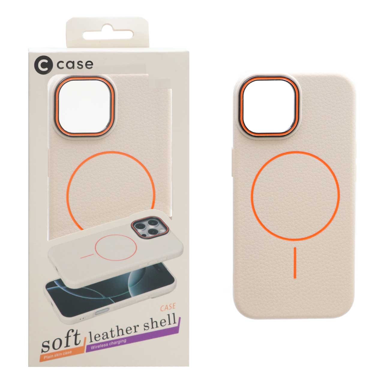 قاب اورجینال C Case طرح چرم MagSafe مدل Apple iPhone 15 / iPhone 14 / iPhone 13 - کرم (پک دار)