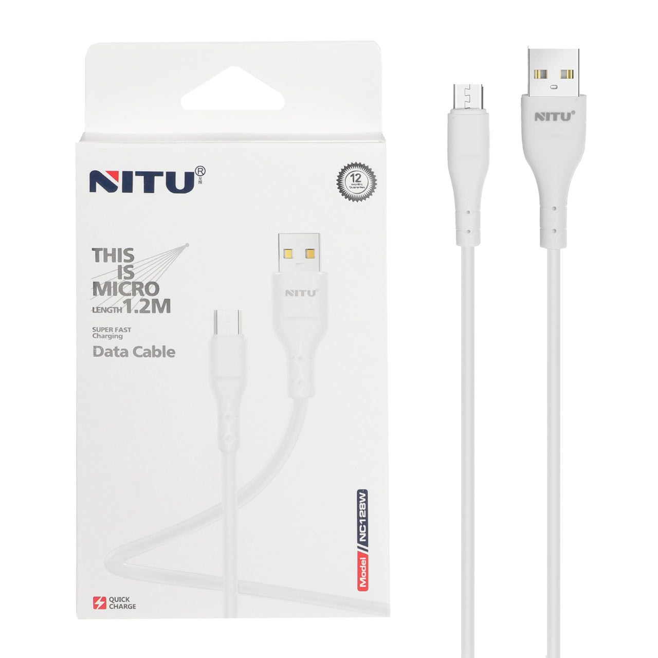 کابل شارژ فست 1.2 متری اندروید NITU مدل NC128W - سفید (گارانتی 18 ماه تعویض نیکان همراه)