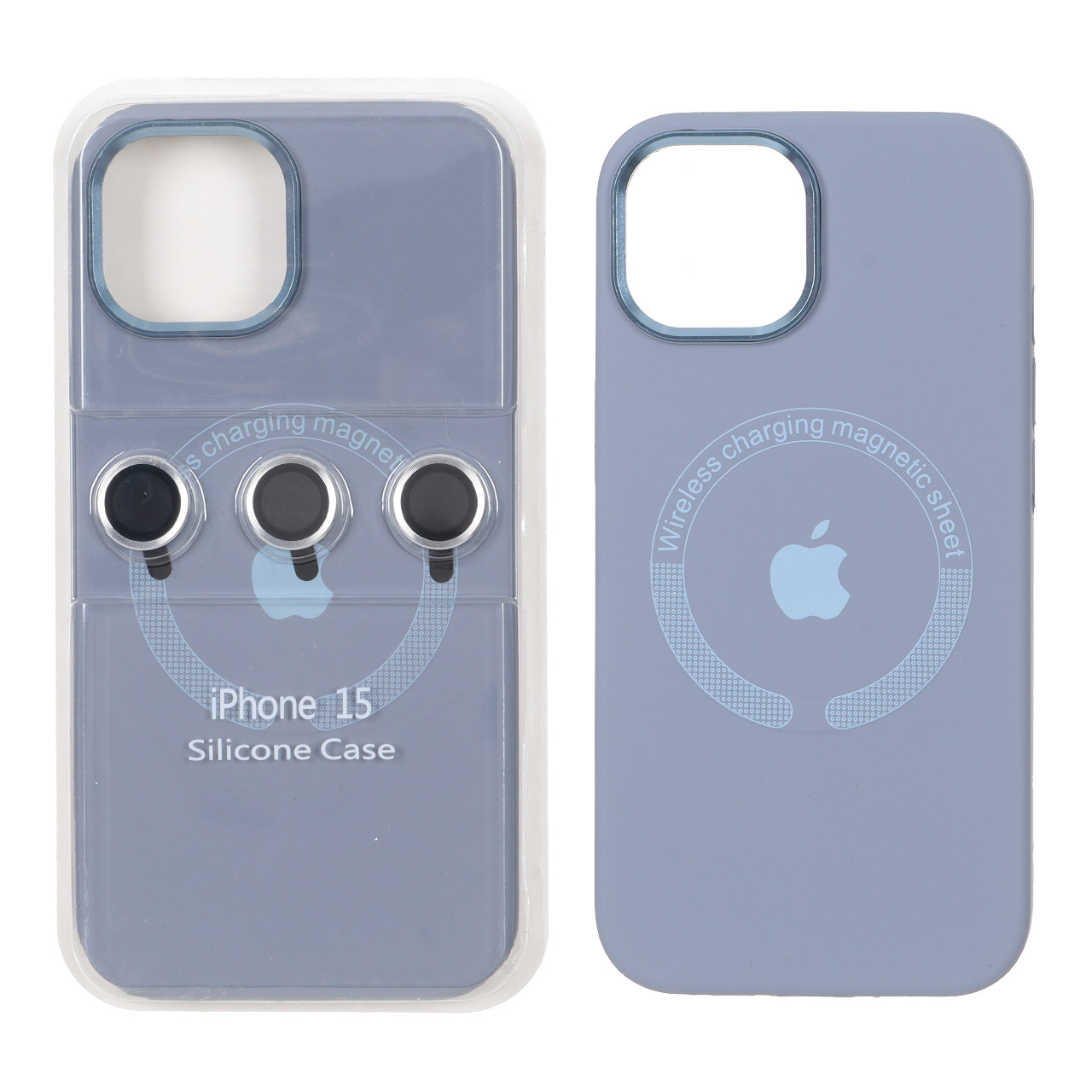 قاب سیلیکونی اورجینال Magsafe با ست محافظ لنز رینگی Apple iPhone 15 / iPhone 14 / iPhone 13 - فیلی (پک دار)