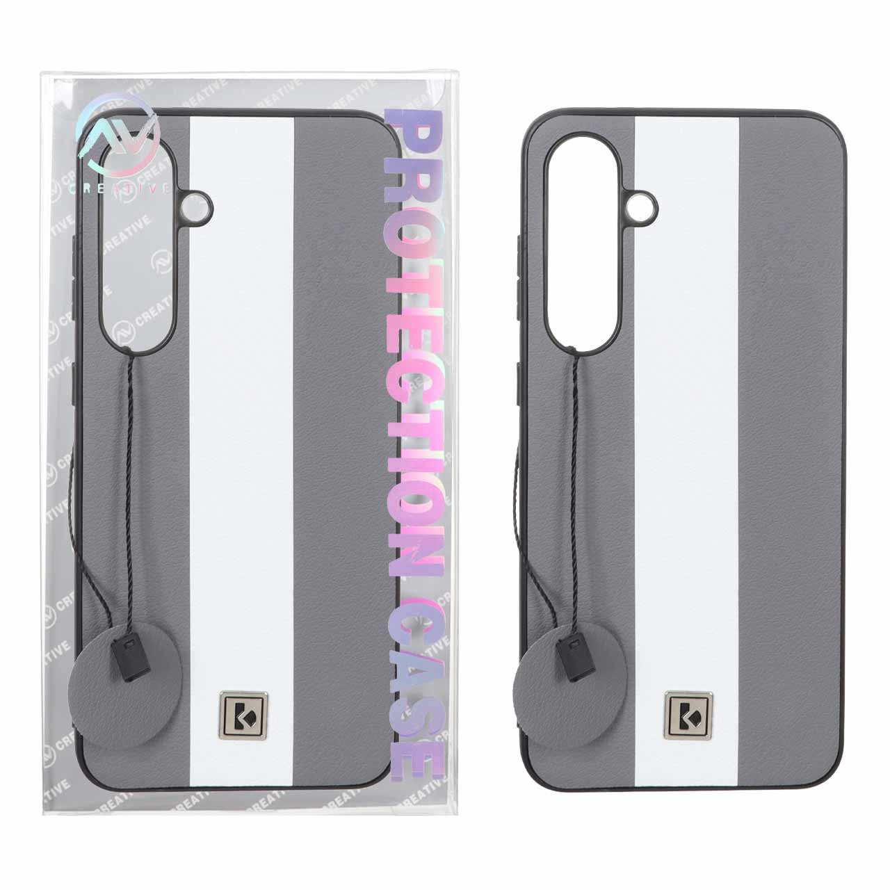 قاب Protection Case طرح چرم لوگو فلزی Samsung Galaxy S24 FE - خاکستری سفید (پک دار)