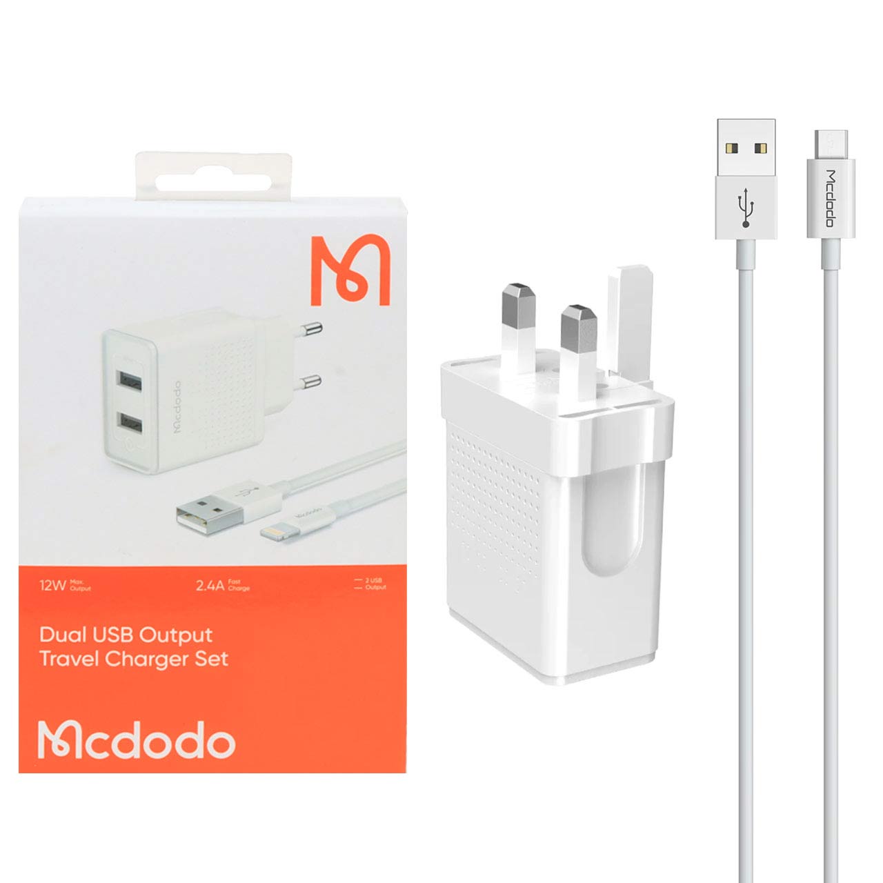 شارژر دیواری 12W فست دو پورت Mcdodo مدل CH-3970 به همراه کابل شارژ آیفون - سفید (گارانتی یکساله متین)
