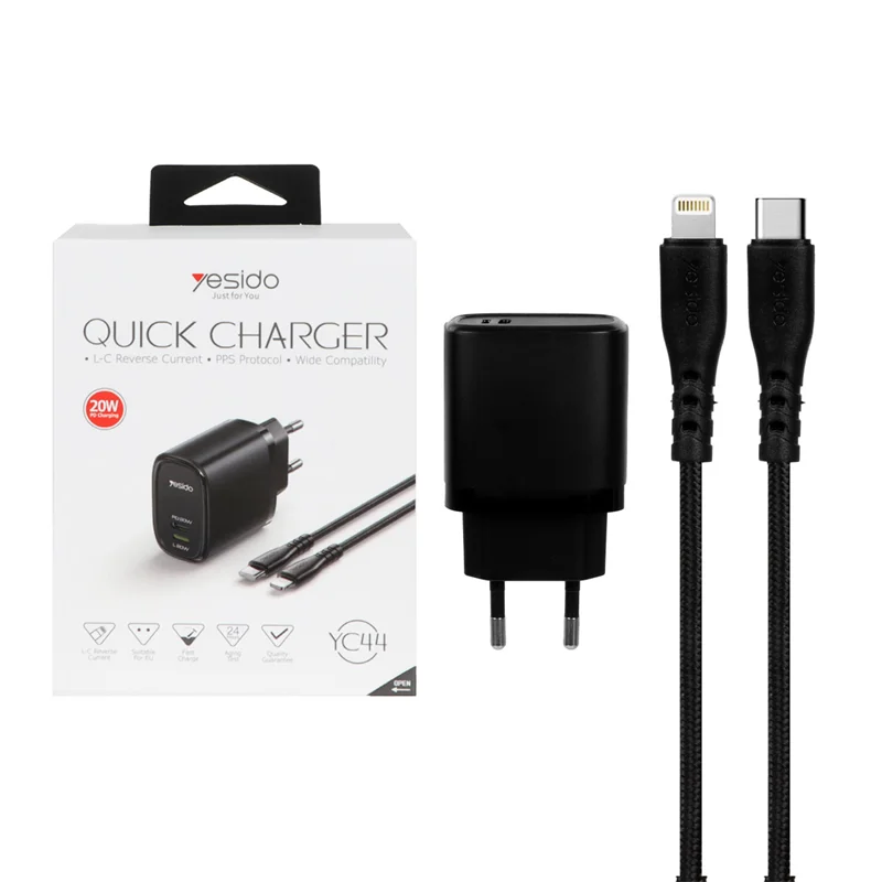 شارژر دیواری فست و PD دو پورت Yesido مدل YC44 20W به همراه کابل شارژ Type-C To Lightning - مشکی