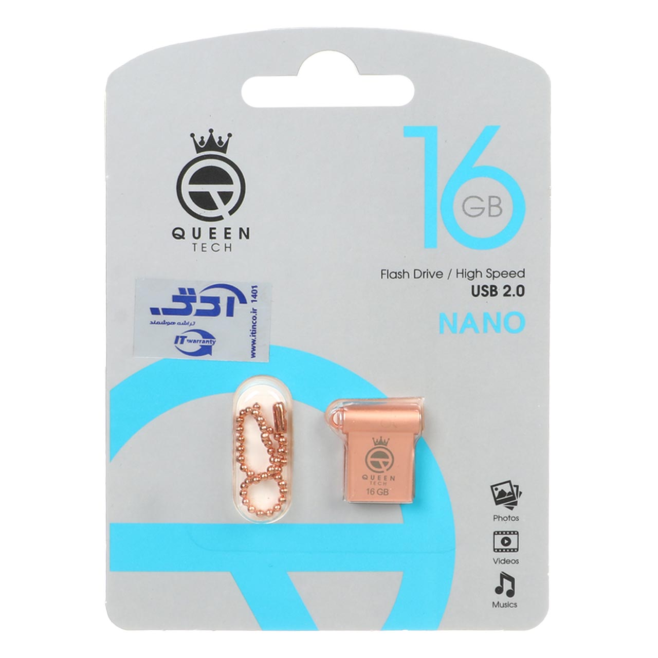 Queen tech-NANO USB2.0 Flash Memory-16GB رزگلد (گارانتی مادام العمر شرکت آی تین)