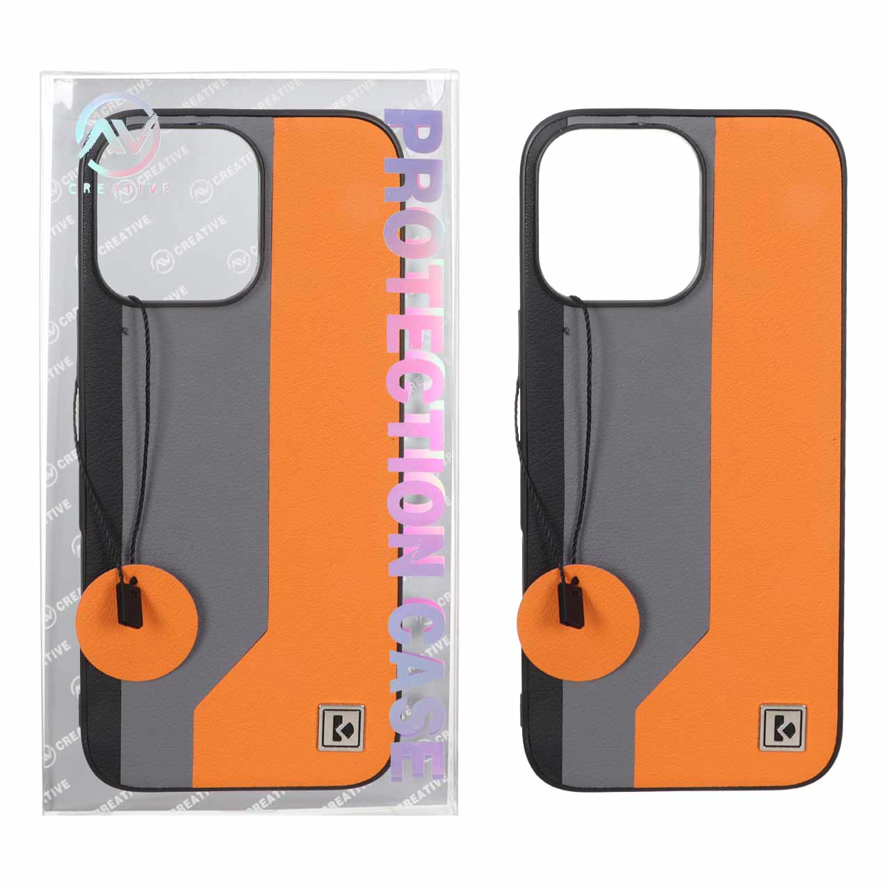 قاب Protection Case طرح چرم لوگو فلزی Apple iPhone 16 Pro Max - خاکستری نارنجی (پک دار)