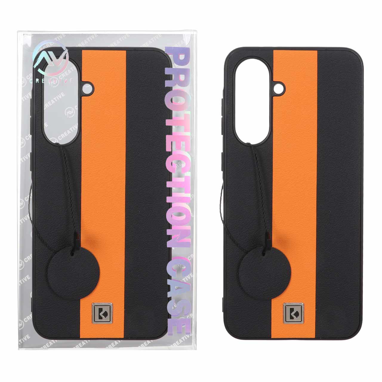 قاب Protection Case طرح چرم لوگو فلزی Samsung Galaxy A56 / A36 - مشکی نارنجی (پک دار)