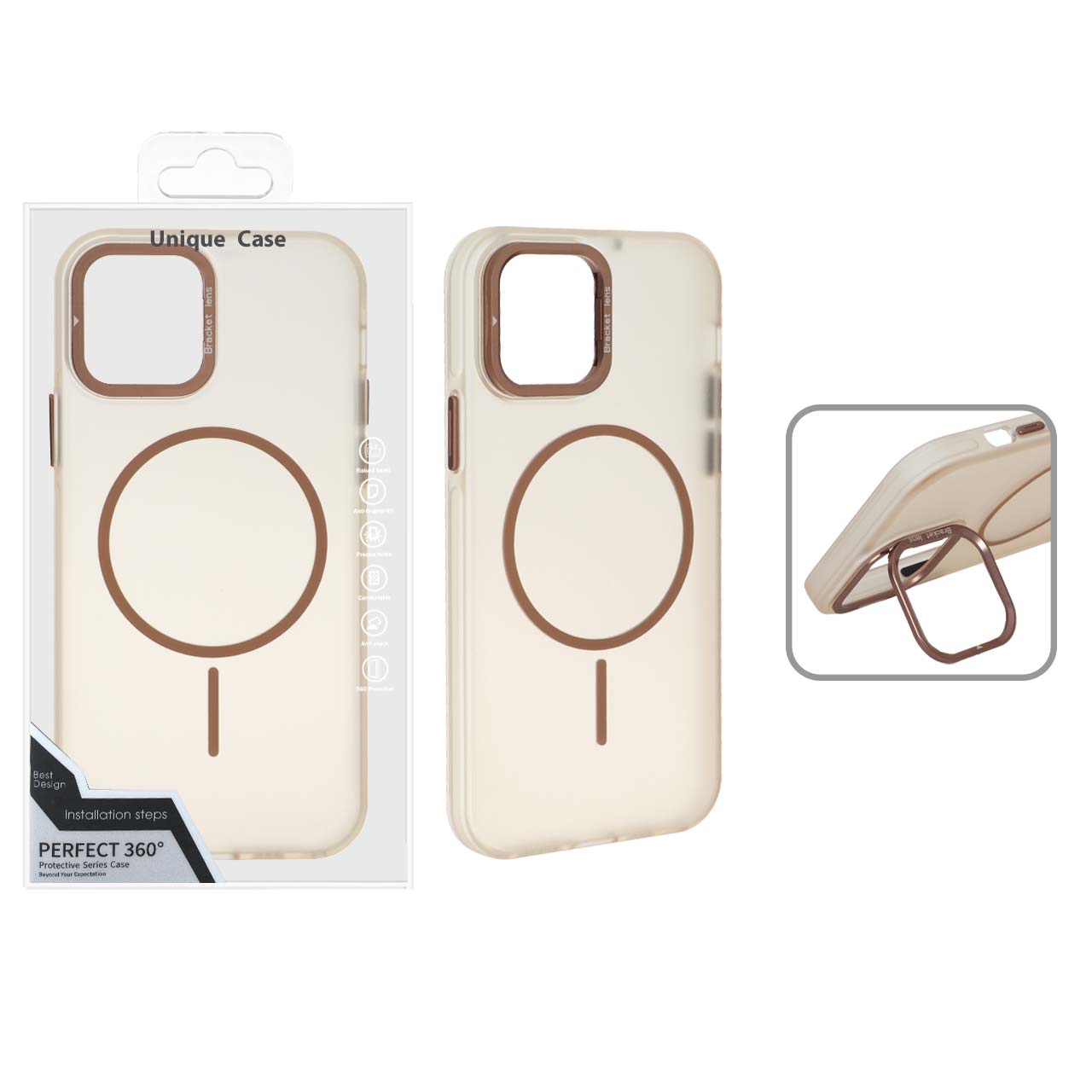 قاب Bracket Lens مات MagSafe لنز استندشو Apple iPhone 12 Pro / iPhone 12 - صحرایی (پک دار)