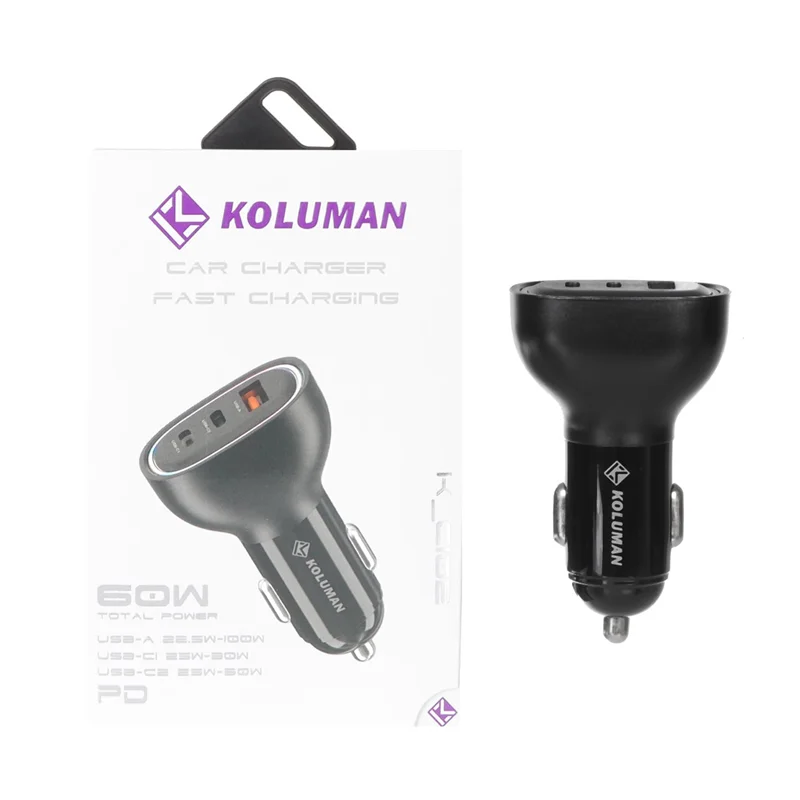 شارژر فندکی فست و PD سه پورت Koluman مدل K-C102 60W - مشکی (گارانتی یکساله PMC)