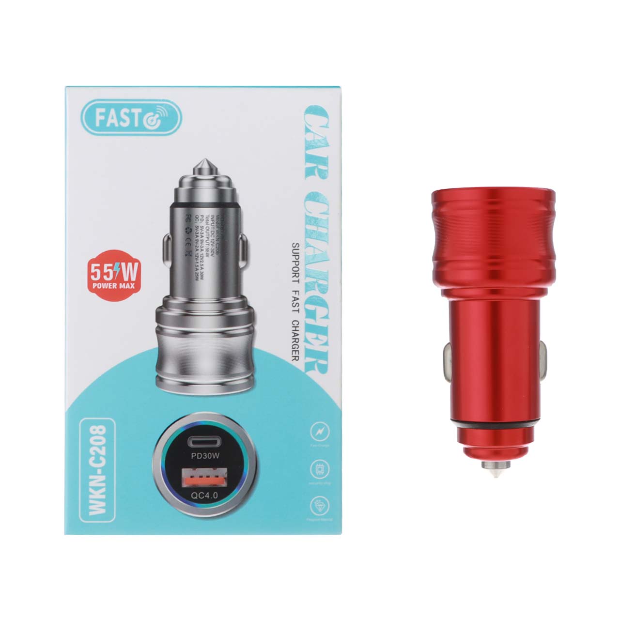 شارژر فندکی فست و PD دو پورت FAST مدل WKN-C208 55W - قرمز - RYL