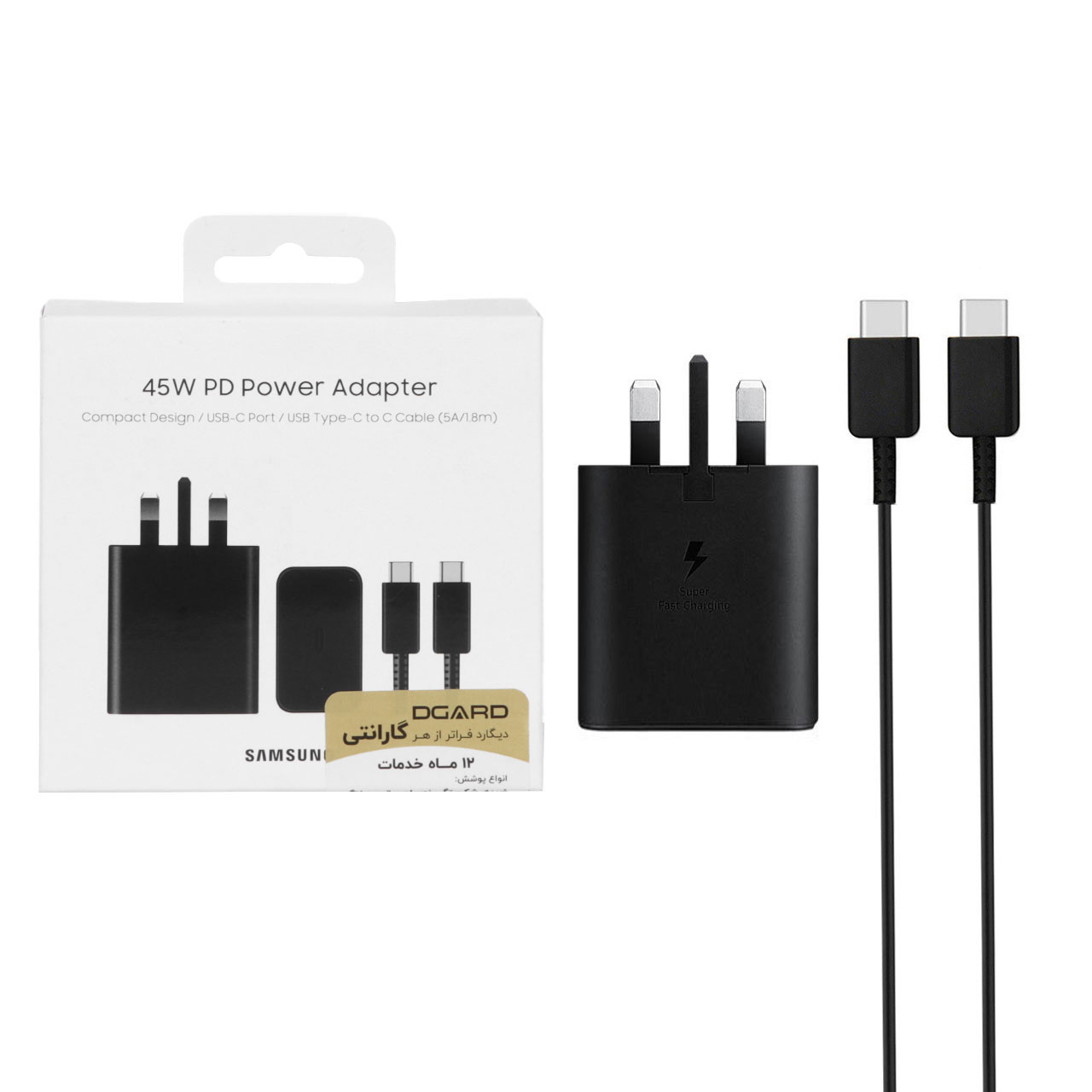 شارژر دیواری سه پین فست و PD تک پورت SAMSUNG Type-C مدل EP-T4510 45W به همراه کابل شارژ Type-C - مشکی درجه یک (6 ماهه DST + بیمه نامه 12 ماهه DGARD) مجهز به فناوری NFC