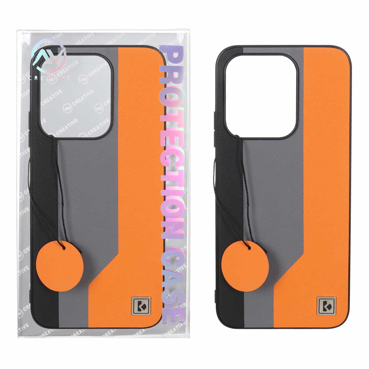 قاب Protection Case طرح چرم لوگو فلزی Xiaomi Redmi 15C / Poco C85 - خاکستری نارنجی (پک دار)