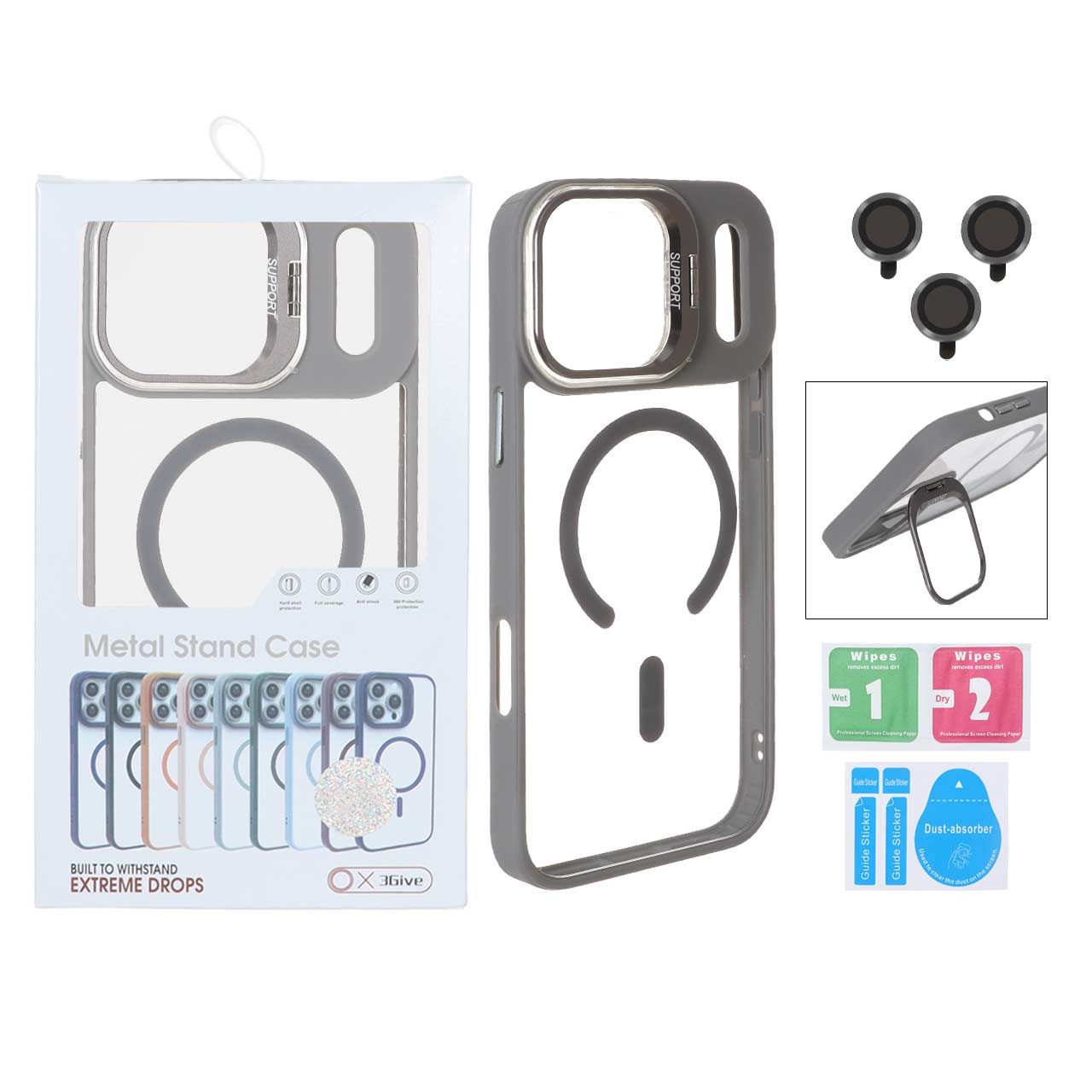 قاب Support لنز آلومینیومی Magsafe با ست محافظ لنز رینگی Apple iPhone 17 Pro Max - خاکستری (پک دار)