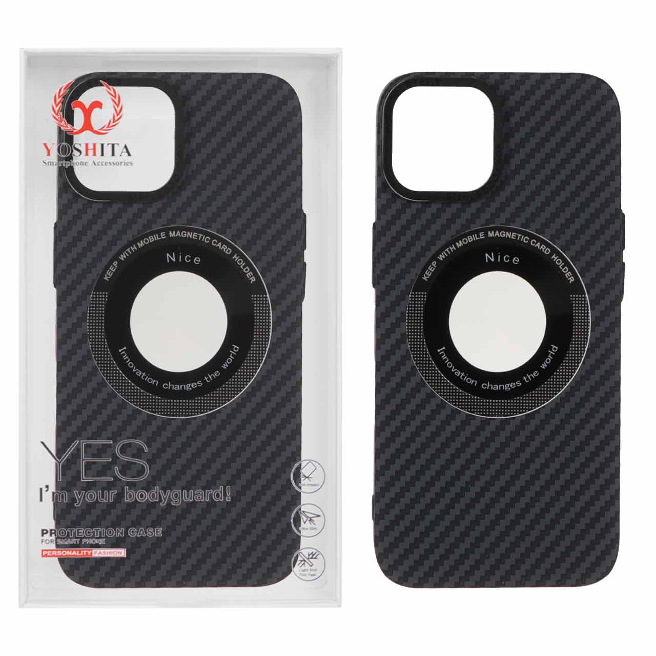 قاب اورجینال Yoshita طرح کربن Magsafe مدل Apple iPhone 13 / iPhone 14 - مشکی (پک دار)