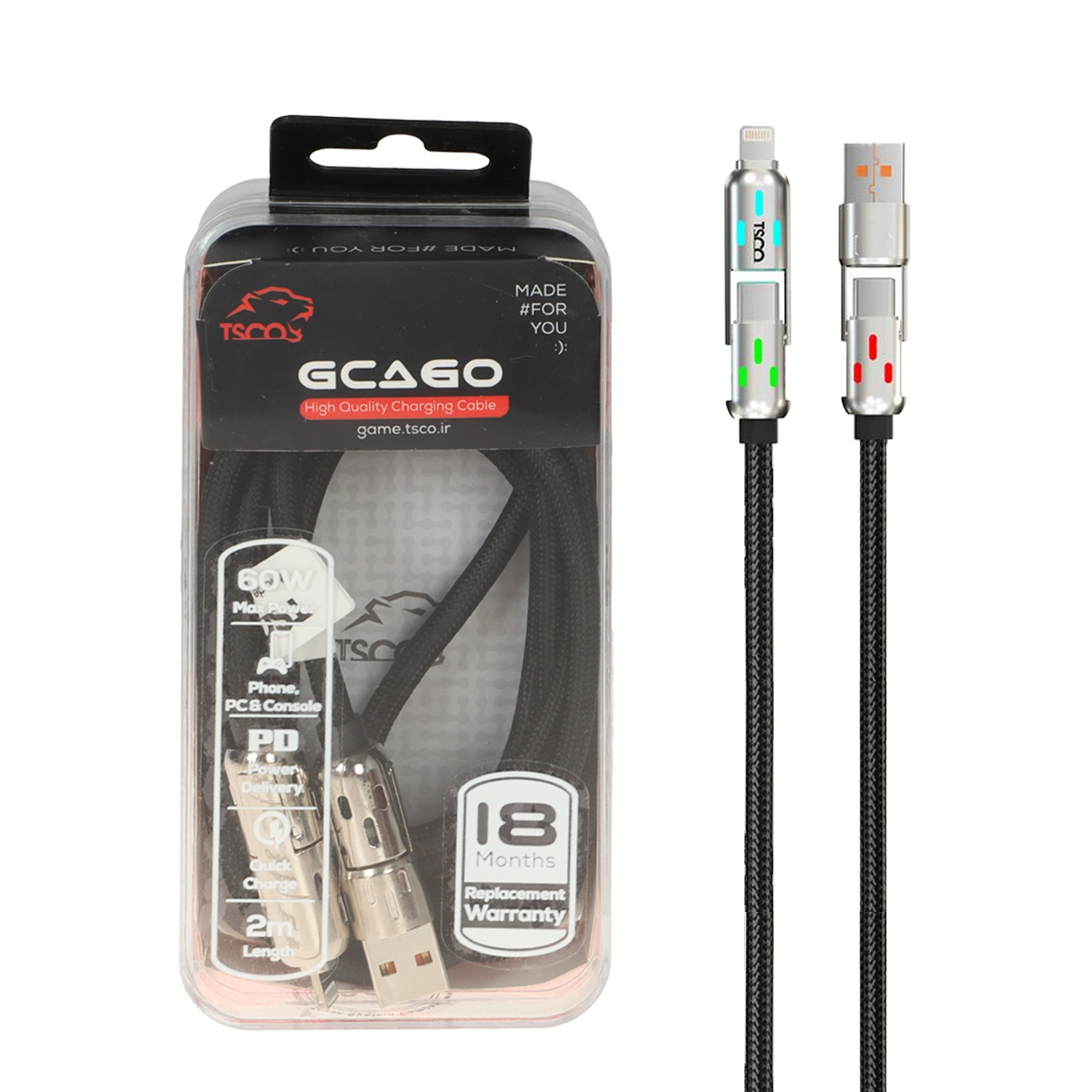 کابل شارژ PD و فست 60W چهارکاره ( گیمینگ ) 2 متری TSCO مدل GCA60 - مشکی (گارانتی 18 ماهه تسکو)