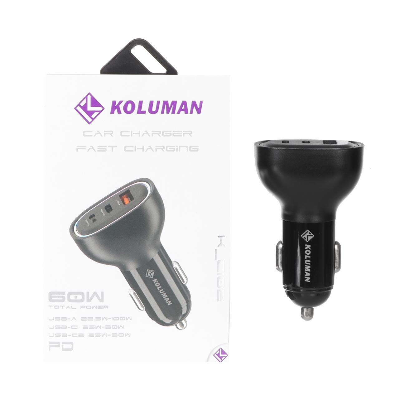 شارژر فندکی فست و PD سه پورت Koluman مدل K-C102 60W - مشکی (گارانتی یکساله PMC)