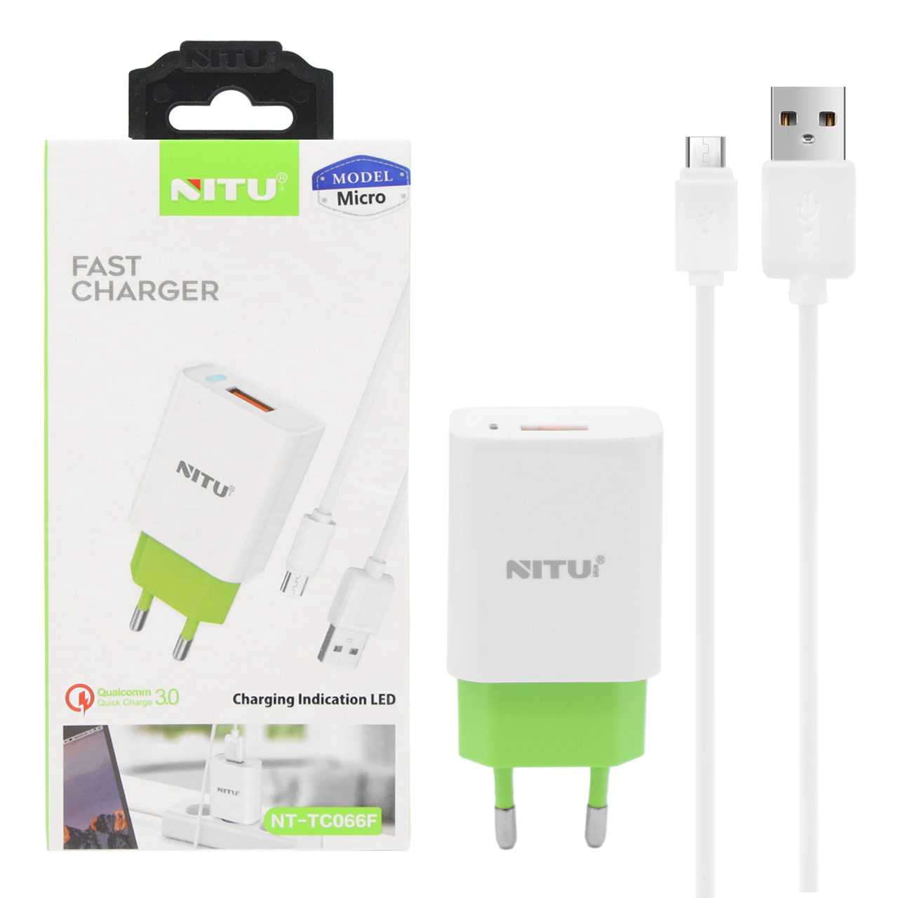 شارژر دیواری فست تک پورت NITU مدل NT-TC066F به همراه کابل شارژ اندروید - سفید سبز (گارانتی 18 ماه تعویض نیکان همراه)