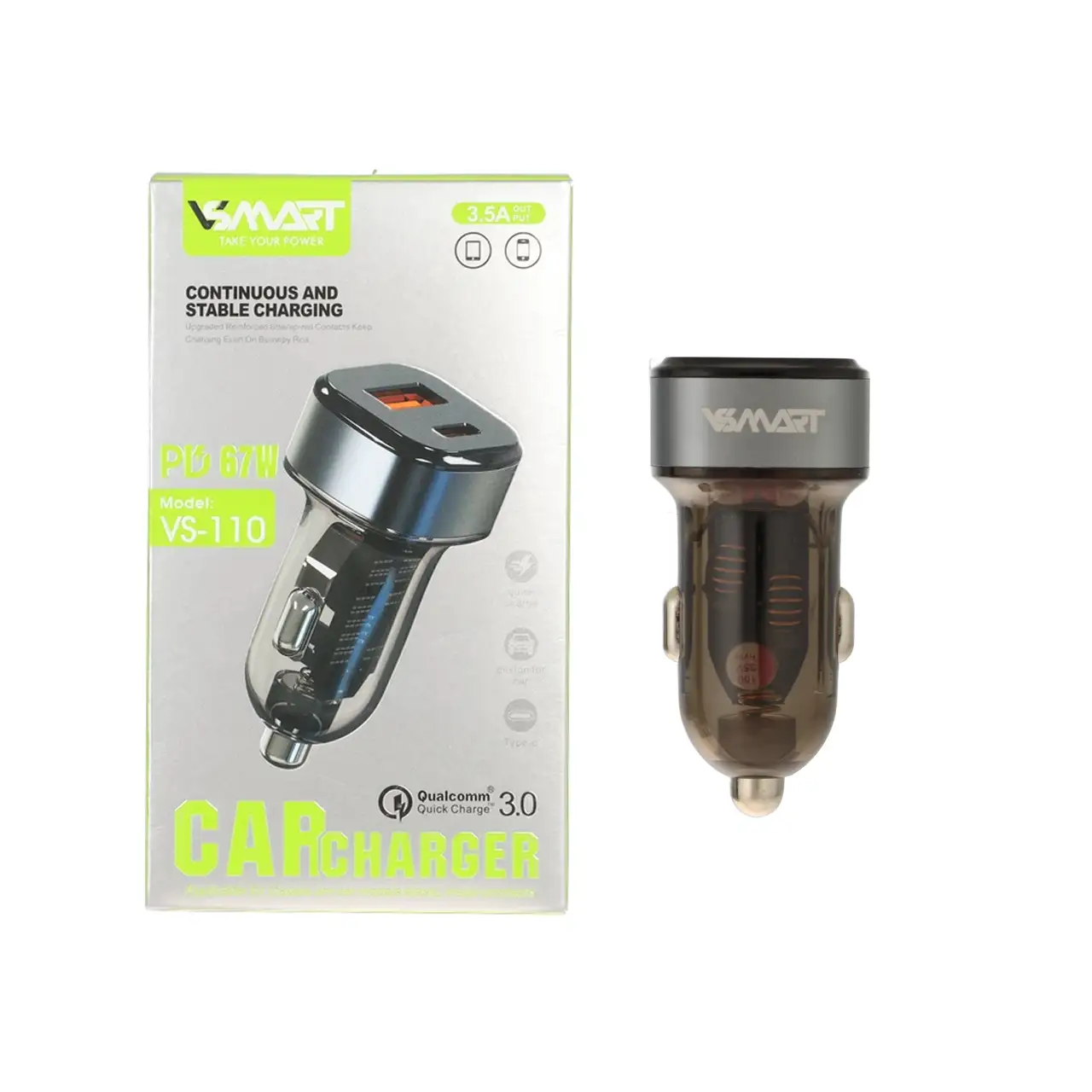 شارژر فندکی PD و فست دو پورت V-Smart مدل VS-110 67W - نقرآبی - BSA
