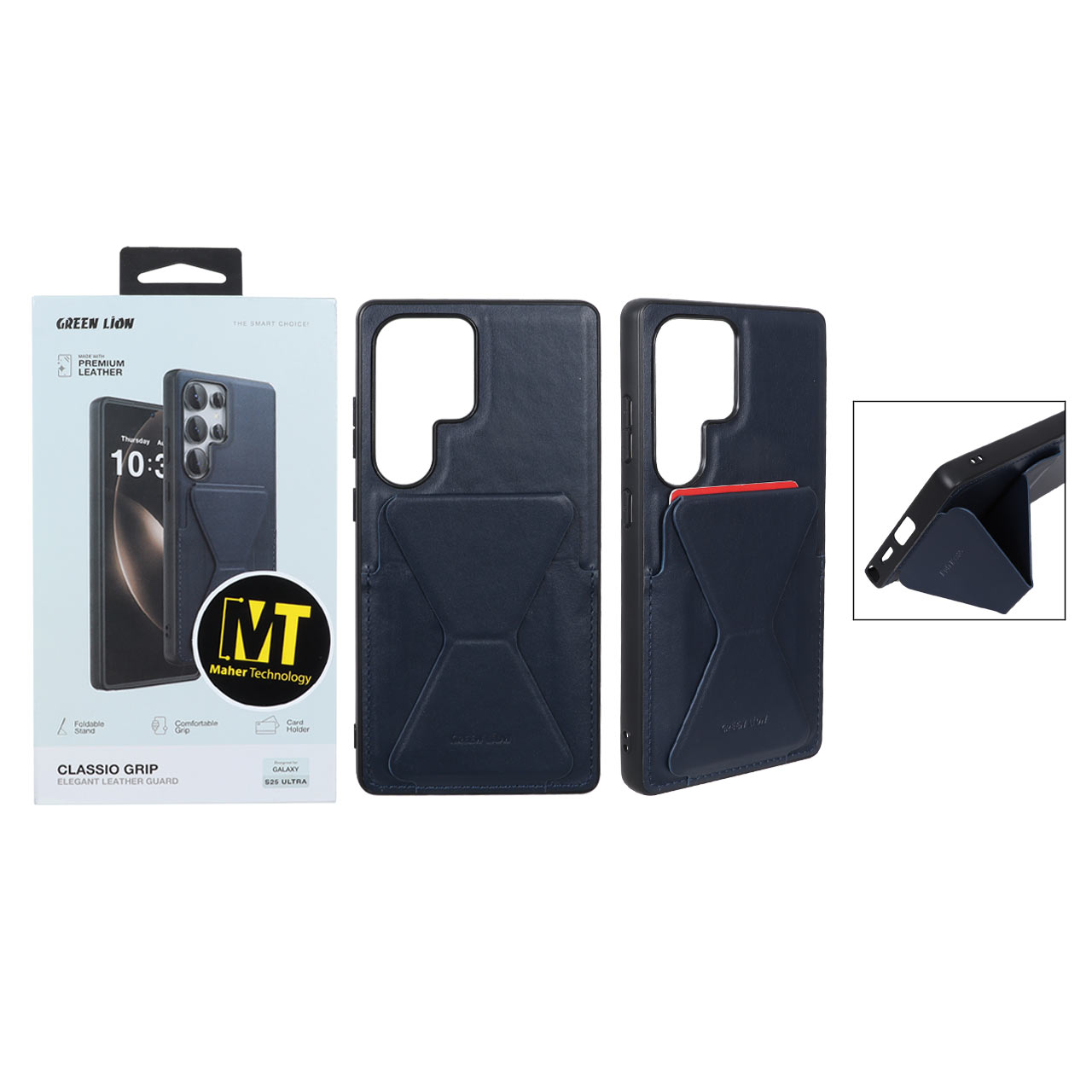 قاب اورجینال Green Lion چرمی استندشو Classio Grip مدل Samsung Galaxy S25 Ultra - سرمه ای (پک دار)