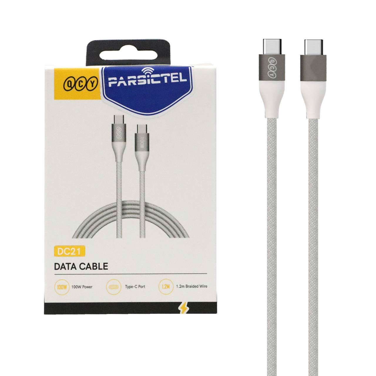 کابل شارژ 1.2 متری فست QCY Type-C To Type-C مدل DC21 60W - سفید (گارانتی 18 ماهه شرکتی)
