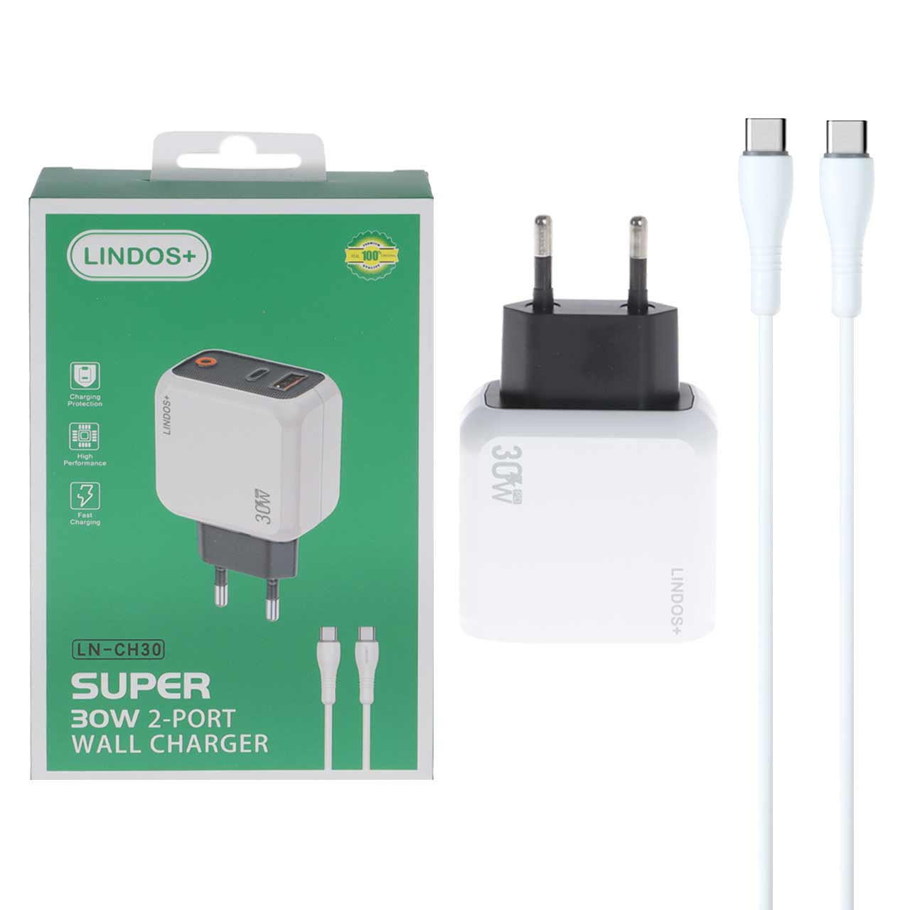 شارژر دیواری فست و PD دو پورت +Lindos مدل LN-CH30 30W به همراه کابل شارژ Type-C To Type-C  - سفید